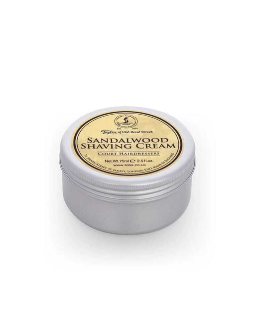 Sandalwood shaving cream in a metal container on a white background