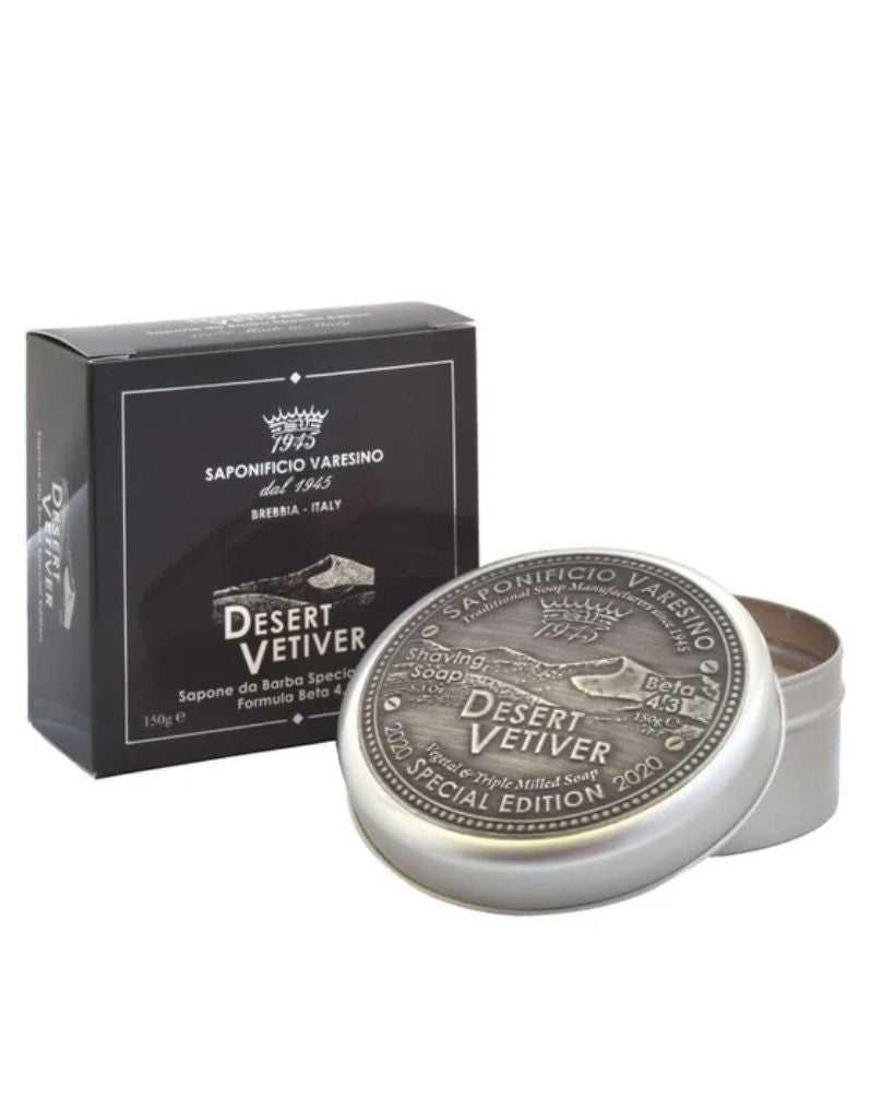 Saponificio Varesino Desert Vetiver Shaving Soap 150g Special Edition – embossed silver tin and gift box