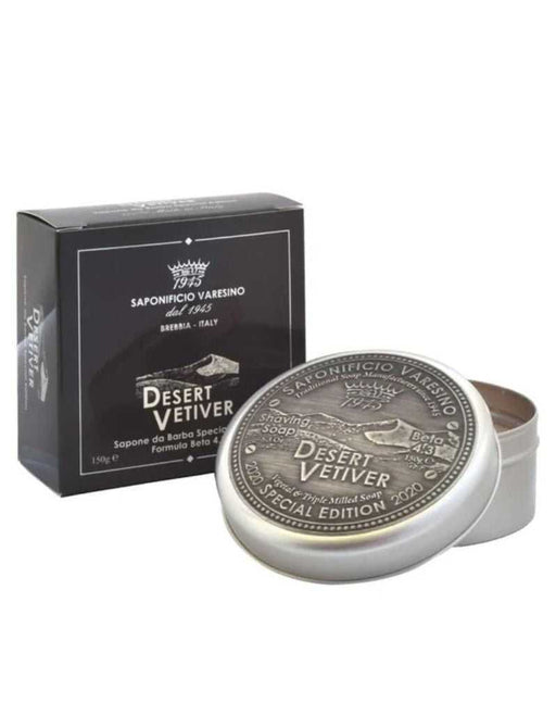 Saponificio Varesino Desert Vetiver Shaving Soap 150g Special Edition – embossed silver tin and gift box