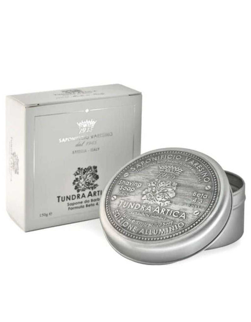 tundra artica shaving soap by saponificio varesino in metal tin with oud scent and skin-soothing lichen extract