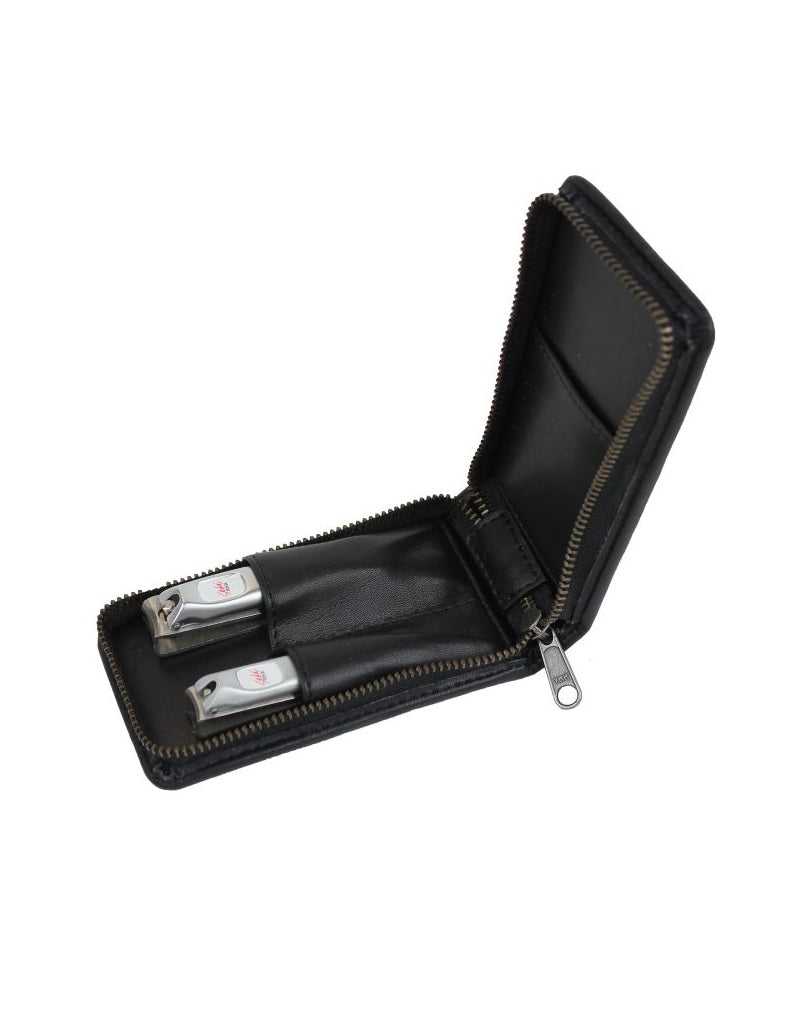 Compact Japanese 2-piece nail clipper set with stainless steel tools in a zip-up black travel case