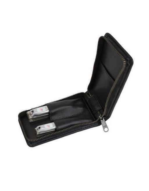 Compact Japanese 2-piece nail clipper set with stainless steel tools in a zip-up black travel case