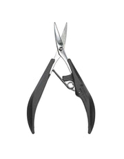 Stainless steel nail scissors with serrated edges and ergonomic black handles.
