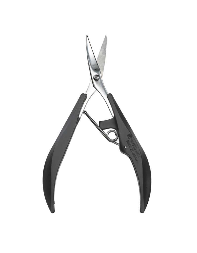 Stainless steel nail scissors with serrated edges and ergonomic black handles.