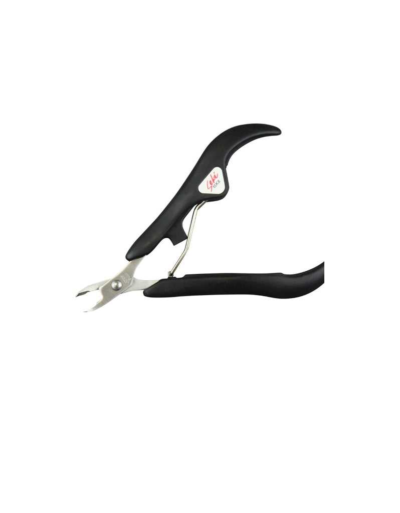 A pair of Seki Edge jaw cuticle flat slant tip nippers with stainless steel blades and black elastomer handles.
