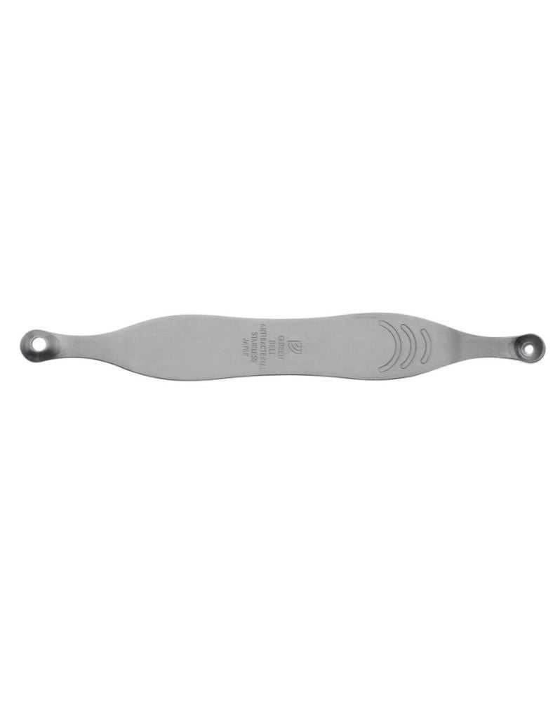 A stainless steel blackhead remover tool with a flat, elongated shape and rounded ends.