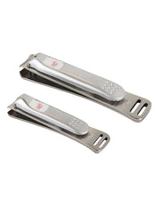 Two silver nail clippers on a white background