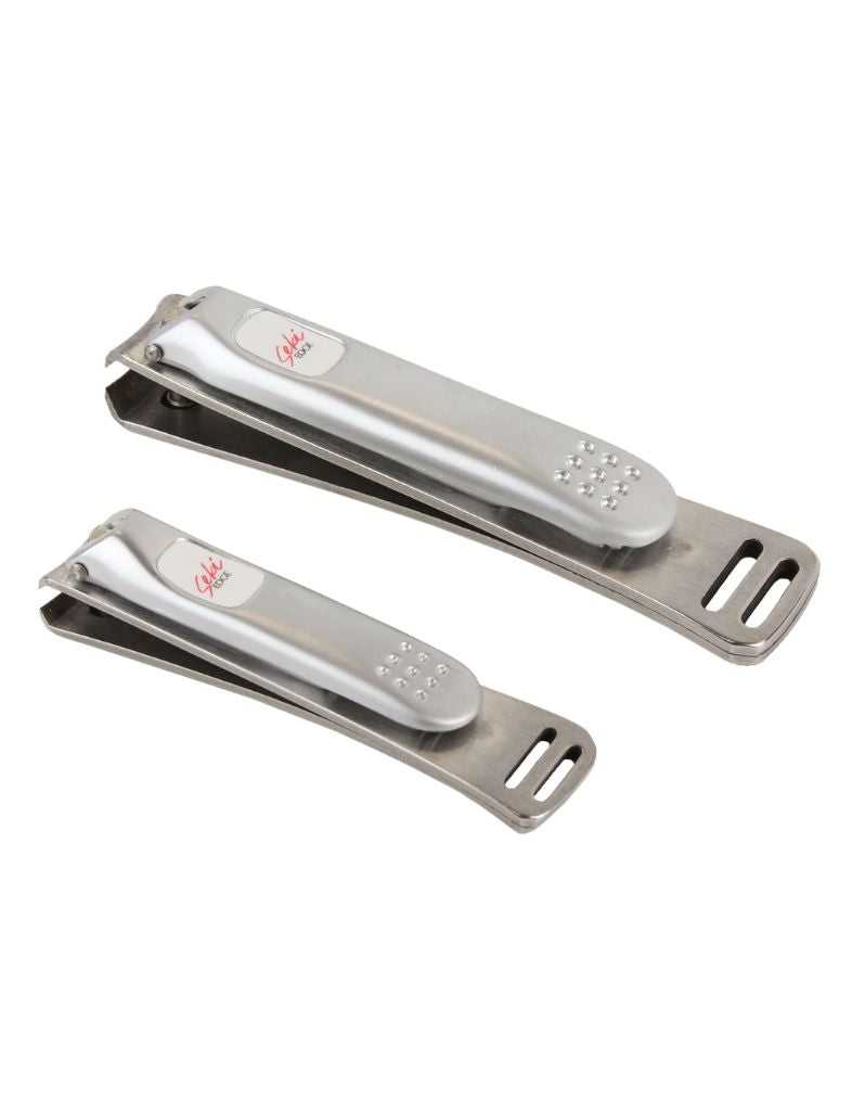 Two silver nail clippers on a white background
