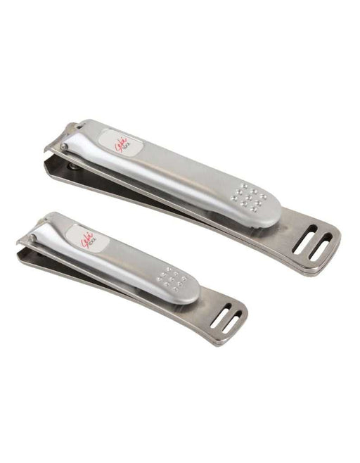 Two silver nail clippers on a white background