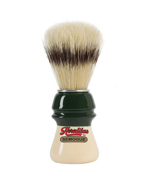 A Semogue 1305 Hereditas shaving brush with a green and ivory striped handle and boar bristles.