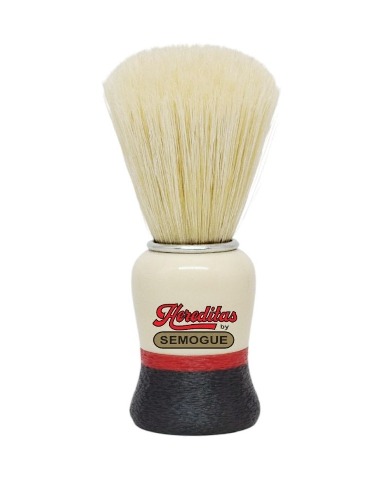 Semogue Hereditas boar bristle shaving brush with ivory, red, and black handle