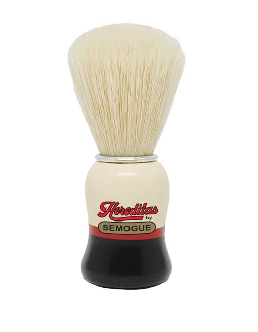 A Semogue 1460 Hereditas boar bristle shaving brush with a fan-shaped knot, featuring a glossy ivory, red and black beech wood handle with an aluminum ring.