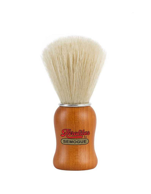 A Semogue 1470 Hereditas shaving brush with boar bristles and a natural matte finish beech wood handle with an aluminum ring.