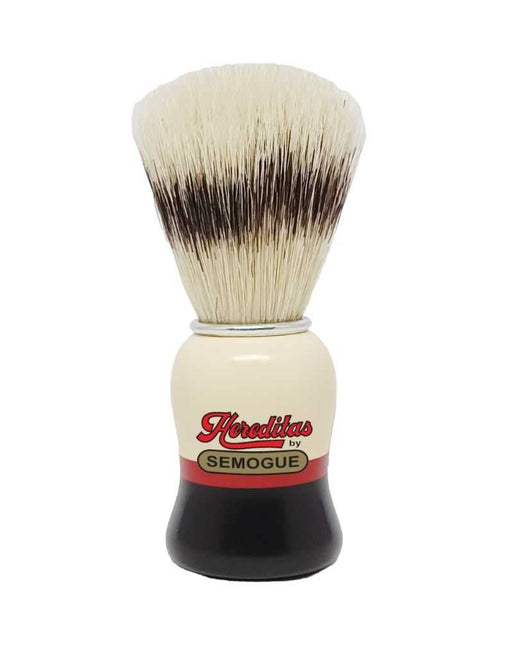 A Semogue 1520 Hereditas Extra boar bristle shaving brush with a glossy ivory, red and black beech wood handle and an aluminum ring.