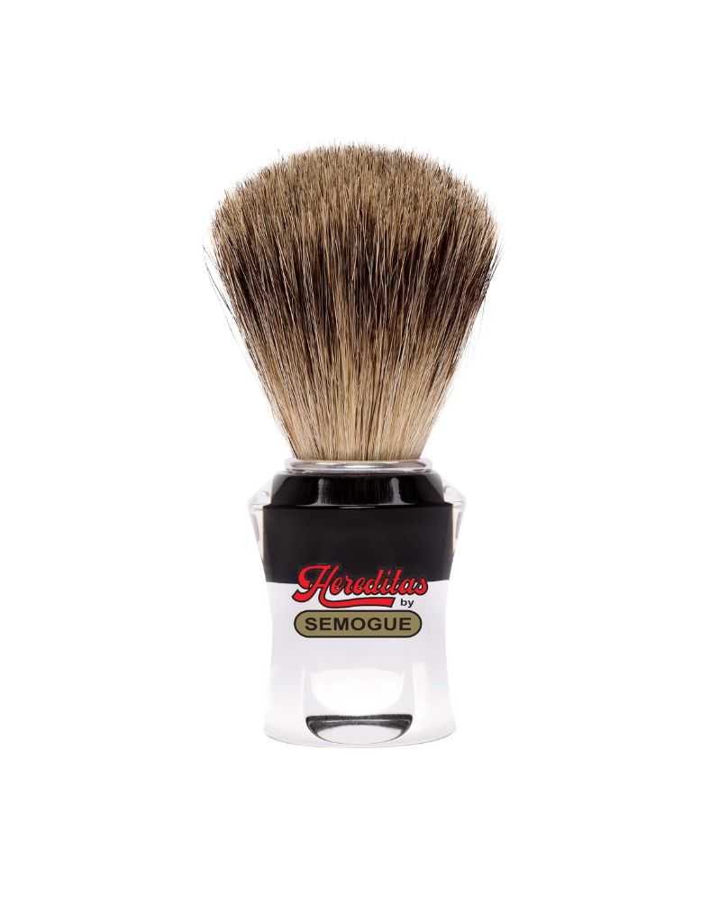 A Semogue 750 Hereditas shaving brush with a black and clear striped handle and best badger bristles.