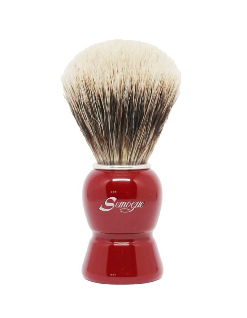 A Semogue Galahad C3 shaving brush with finest badger bristles and an imperial red glossy handle.