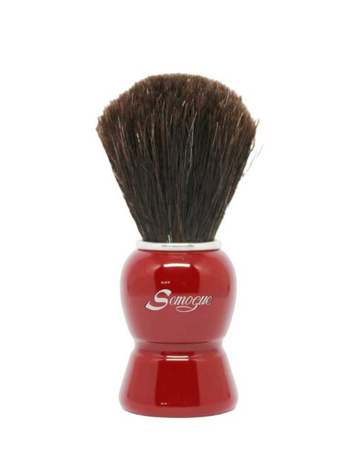 A Semogue Galahad C3 shaving brush with black bristles and a glossy imperial red handle with a chrome plated ring.