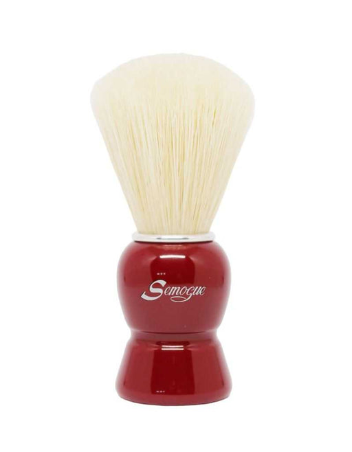A Semogue Galahad C3 shaving brush with a fan shaped boar bristle knot, Imperial Red glossy handle, and chrome plated ring.