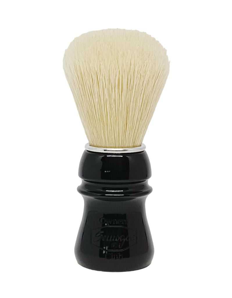 Semogue SOC C5 shaving brush with premium boar bristles, fan knot, and glossy jet black resin handle with aluminum ring.
