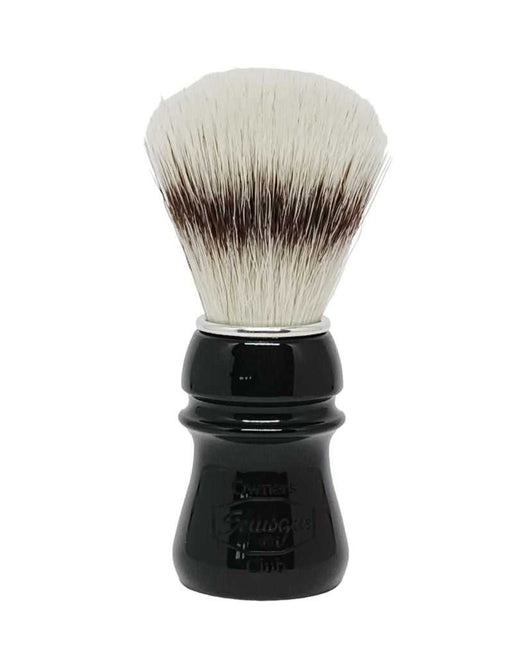 A shaving brush with synthetic bristles, jet black handle, and aluminum ring.