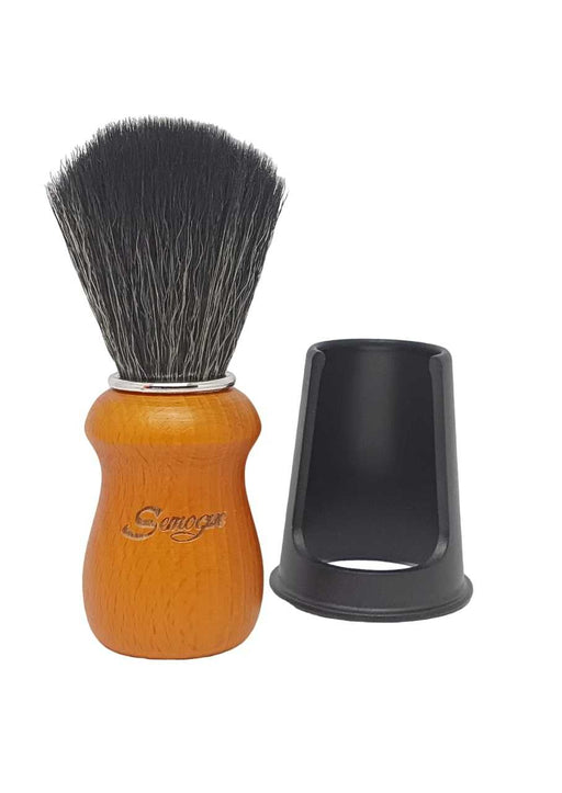 Shaving brush with wooden handle and black bristles, accompanied by a black stand on a white background.