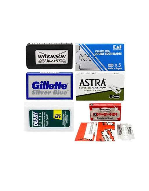 Double Edge Razor Blade Sampler – Wilkinson Sword, Gillette Silver Blue, Astra, Derby Extra, KAI and Personna, 5 blades each