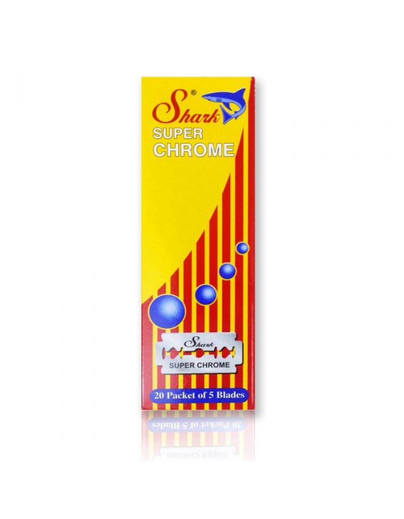 Shark Super Chrome Double Edge Razor Blades box with yellow background and red stripes