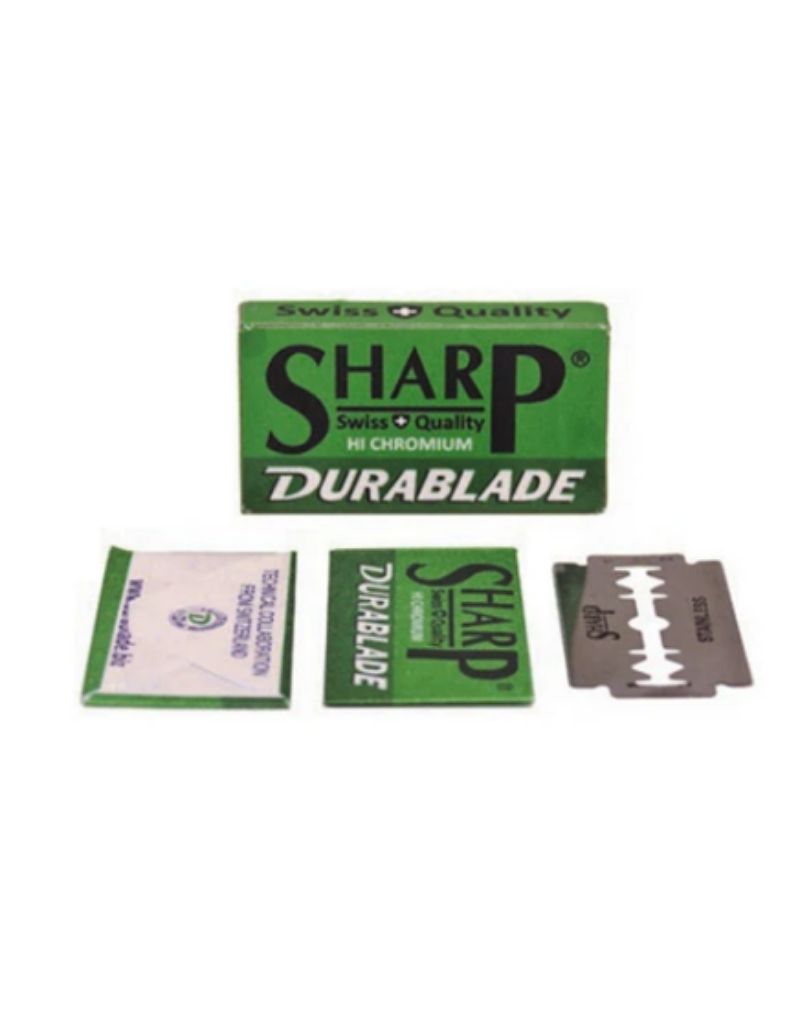 Sharp Polymer Coated Stainless steel double edge razor blades package  and single blade detail.