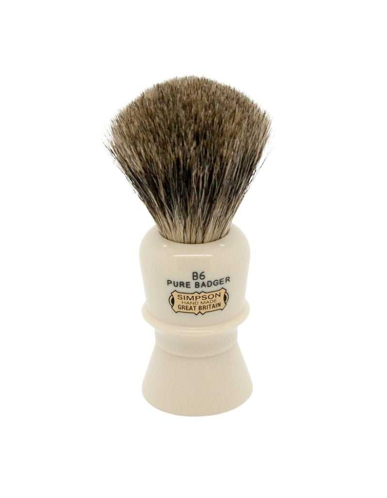 Beaufort B6 Shaving brush with pure badger bristles and Simpson logo on a white background