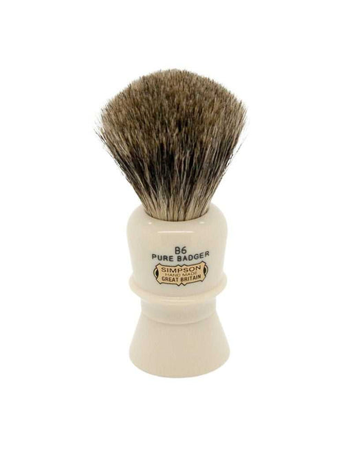 Beaufort B6 Shaving brush with pure badger bristles and Simpson logo on a white background