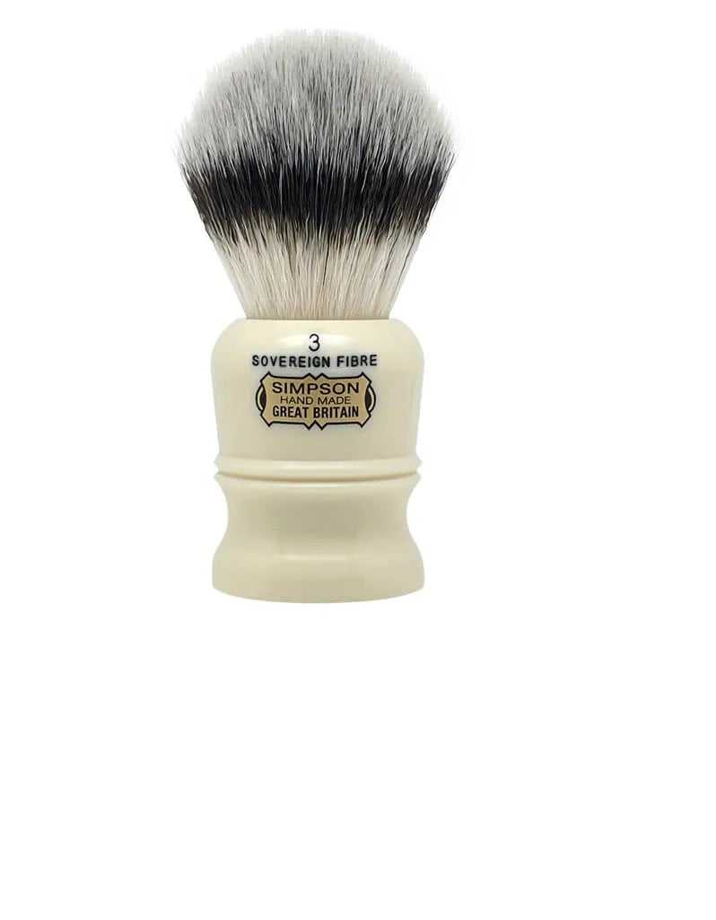 Simpson Duke 3 Shaving brush with synthetic fiber bristle on a white background, brand 'Simpson' visible.