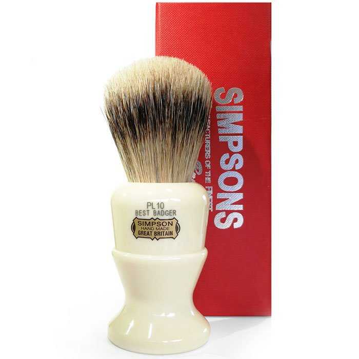 Simpson Polo 10 shaving brush with long faux ivory handle and dense best badger knot