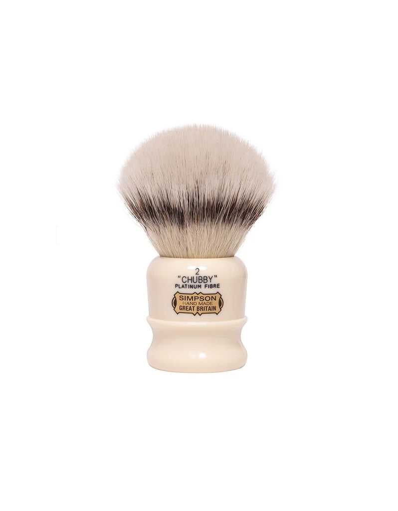 Simpson Chubby 2 synthetic shaving brush with faux ivory handle and dense platinum bristle knot