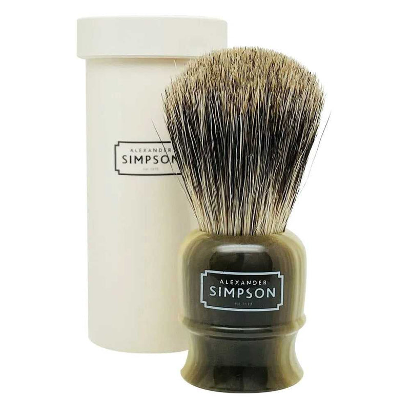 Alexander Simpson Highbury Pure Badger shaving brush with marbled handle and ivory travel case