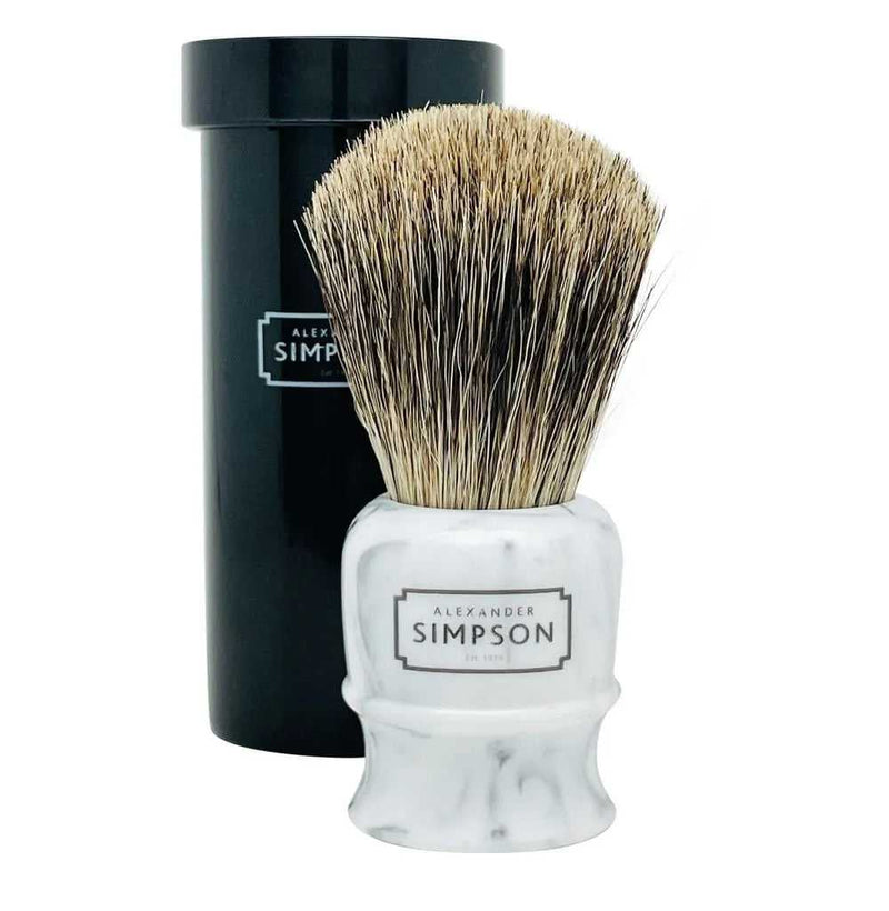 Highbury shaving brush with marble style handle and faux ebony travel case