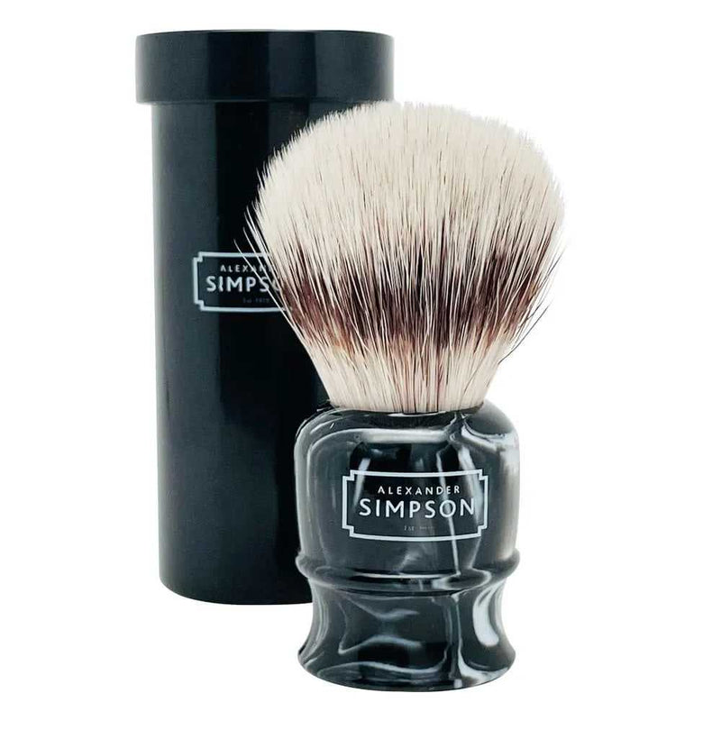 Simpson Highbury synthetic shaving brush with platinum-grade knot, black marbled handle, and faux ebony travel case