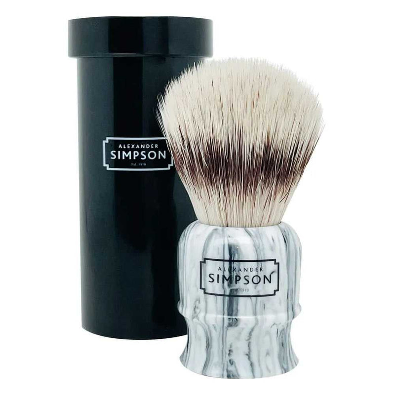 Simpson Highbury synthetic shaving brush with 20mm knot, marbled handle, and faux ebony travel case