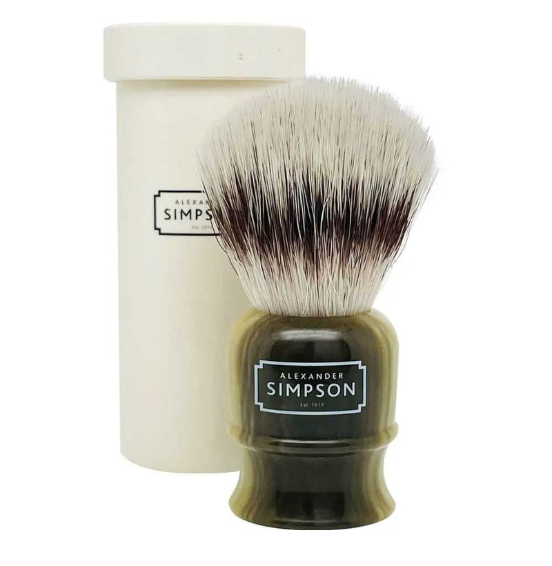 Simpson Highbury synthetic shaving brush with elegant handle and compact travel case
