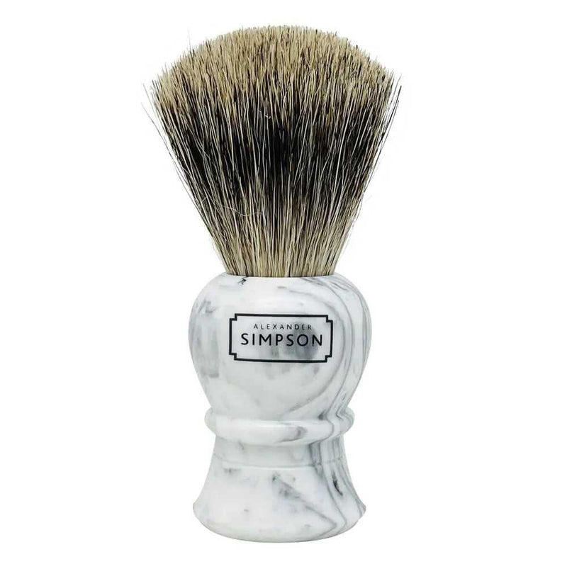 A Simpson - Islington Large Shaving Brush with a pure badger head and a white marble handle with the brand name 'Alexander Simpson' engraved on it.