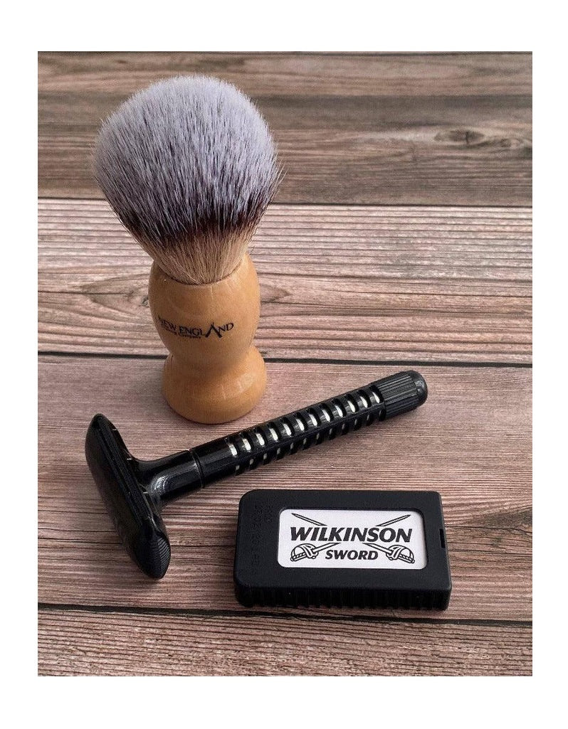 Starter shaving kit with Wilkinson Sword razor, 5 blades, and medium synthetic brush with wooden handle