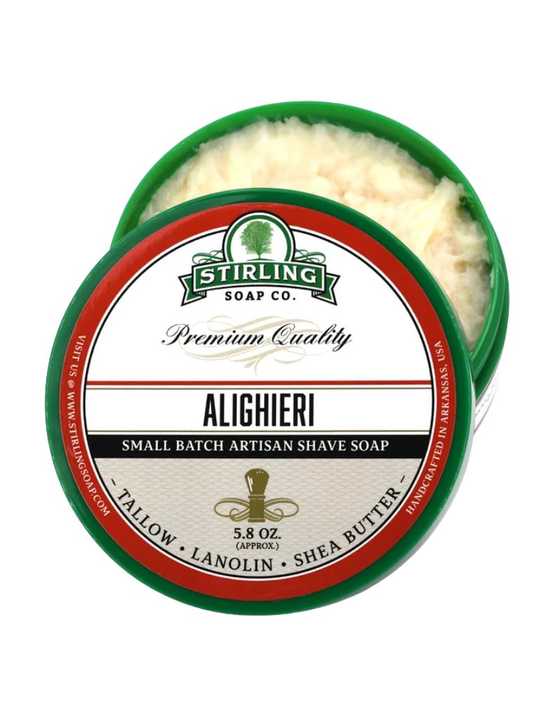 Jar of Stirling Soap Co. Alighieri Shaving Soap, a 5.8oz tallow based shave soap