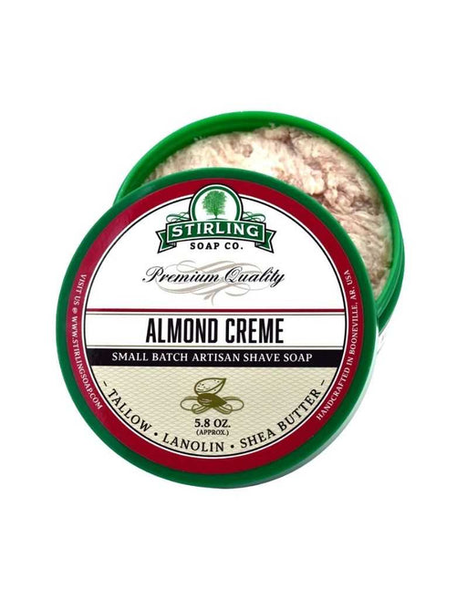 Stirling Almond Creme Shave Soap with marzipan scent, 5.8oz, in green container