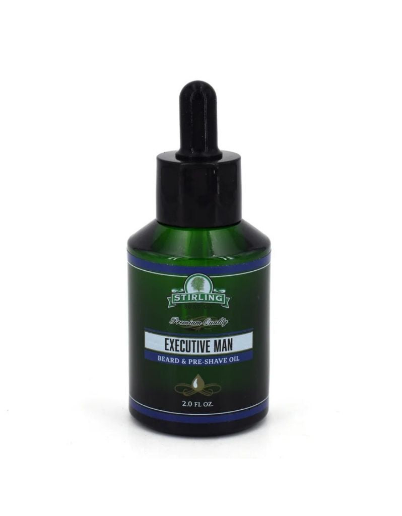 Stirling Executive Man Beard & Pre-Shave Oil 2 oz dark green bottle with dropper on white background.