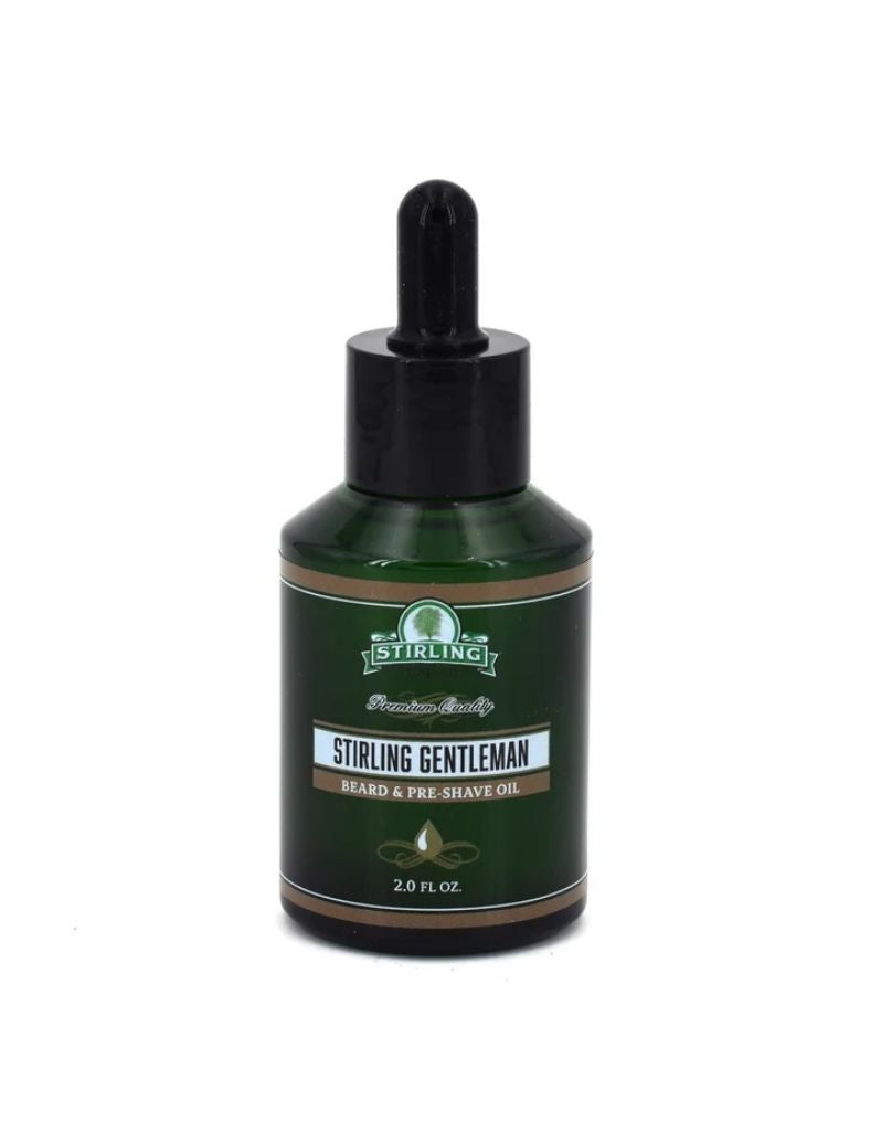 Stirling Gentleman tobacco amber vanilla musk beard and pre-shave oil bottle on white background.