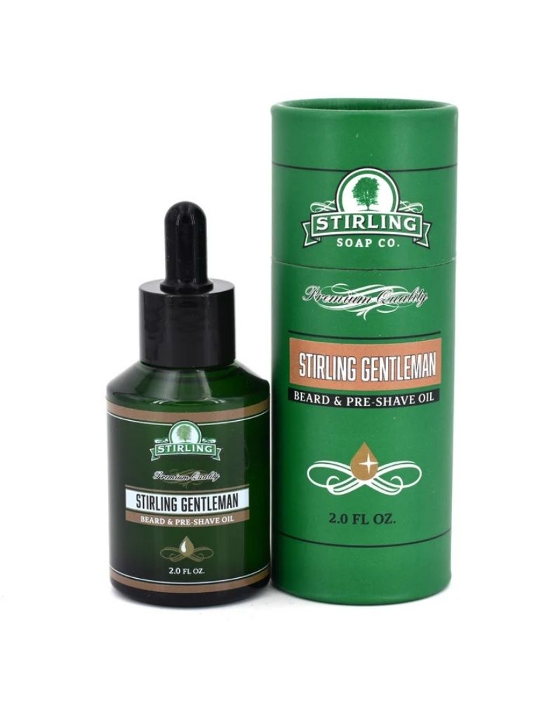Stirling Gentleman Beard & Pre-Shave Oil 2 oz bottle with dropper in dark green packaging.