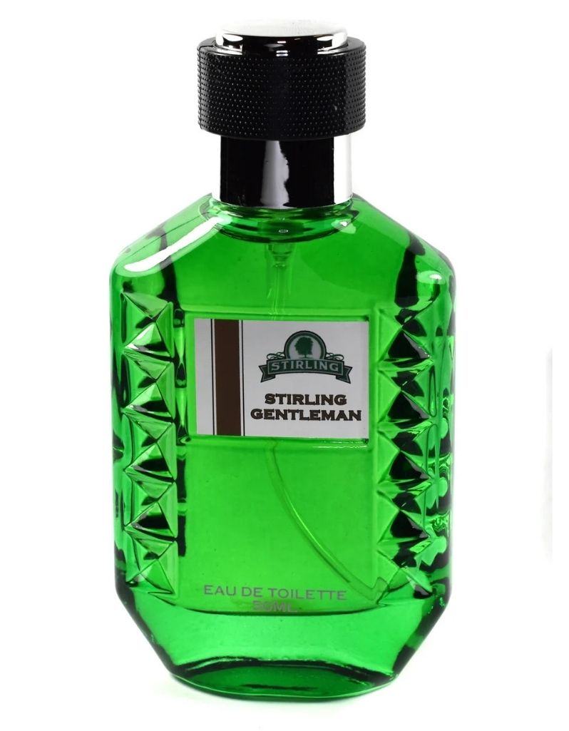 A green faceted glass bottle of Stirling Gentleman Eau de Toilette with a black textured cap and a white label, shown against a plain white background.