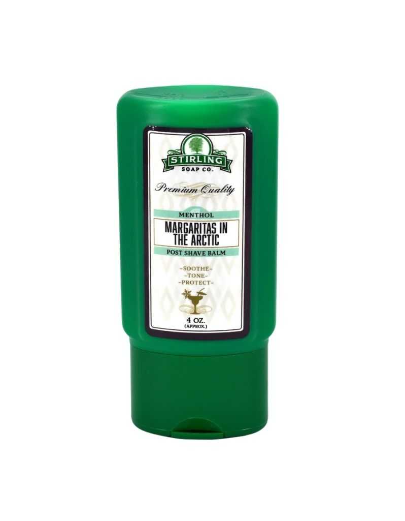 Green bottle of Stirling Soap Co. Margaritas in the Arctic post-shave balm on a white background