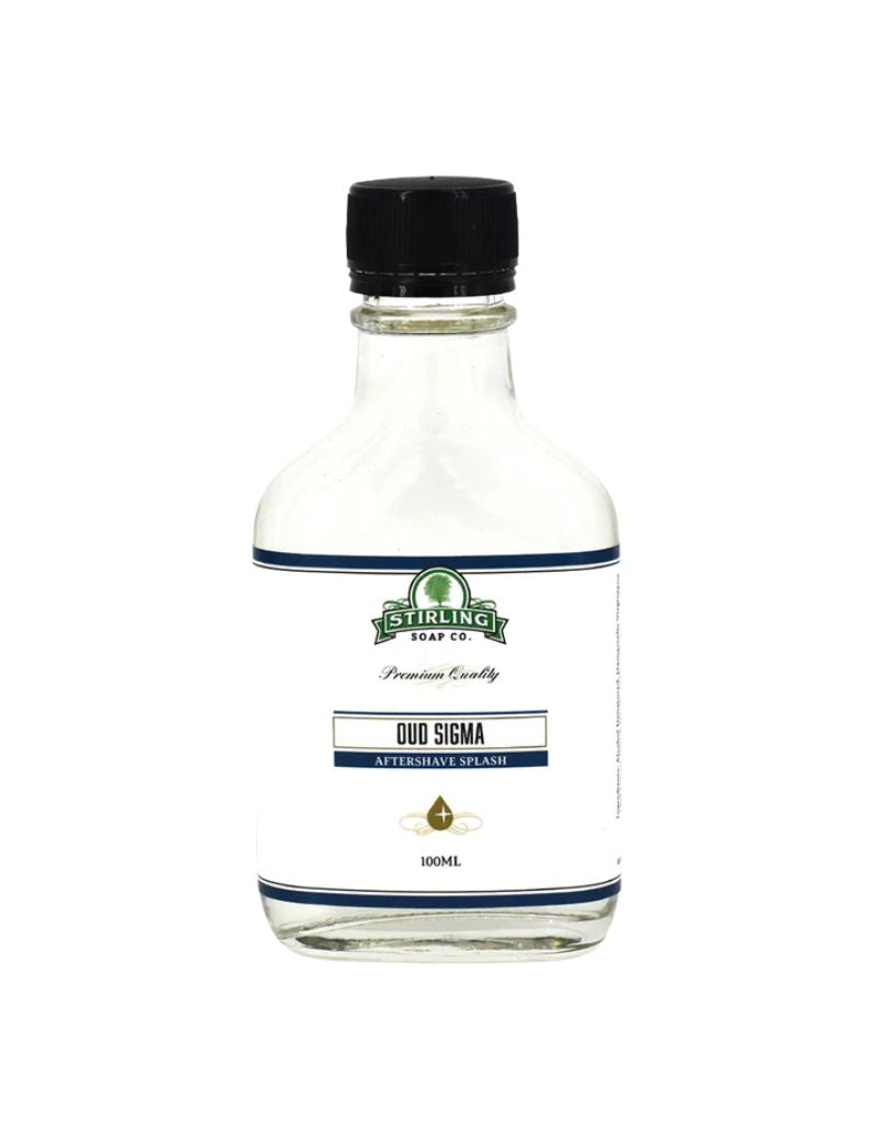 Glass bottle of Stirling Soap Co. Oud Sigma Aftershave Splash, 100ml size