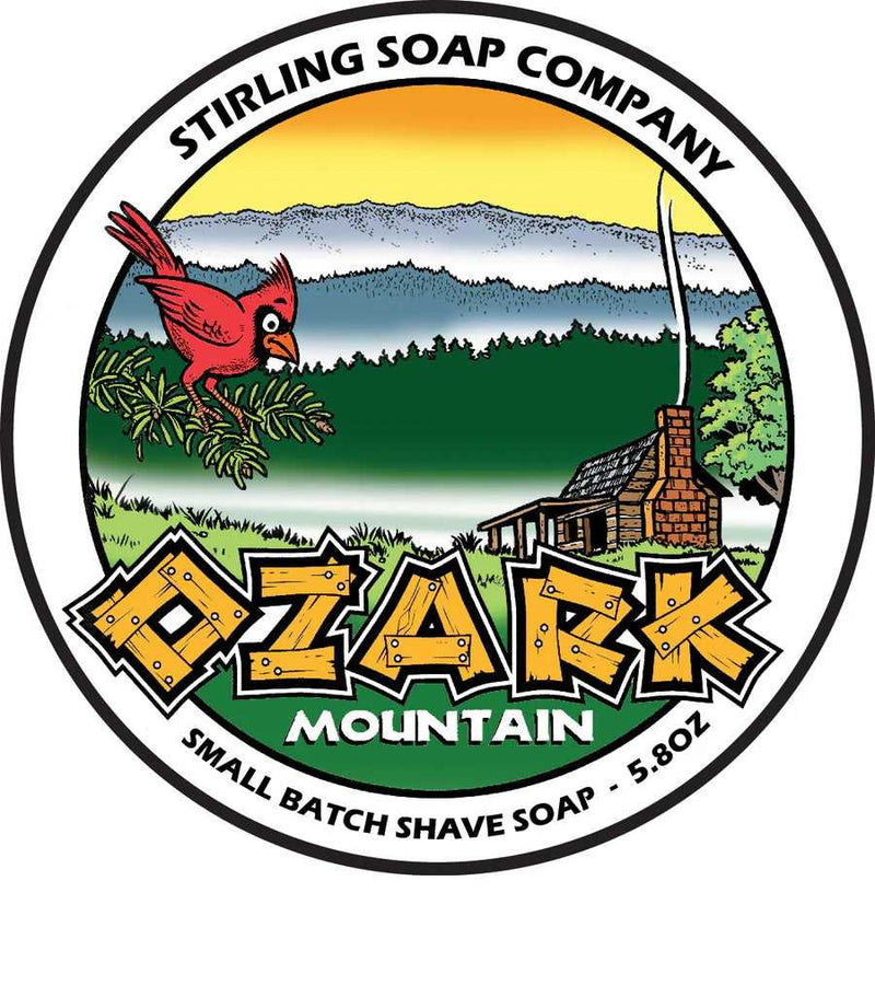 Ozark Mountain shave soap jar with pine and fir scent, tallow base, and rich lather
