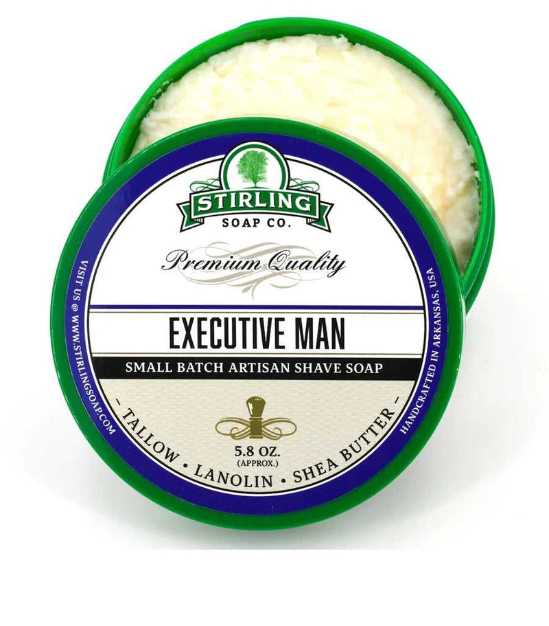 Executive Man Shaving Soap 5.8 oz tin with bold fragrance, tallow-based formula, and rich lather for confident wet shavers